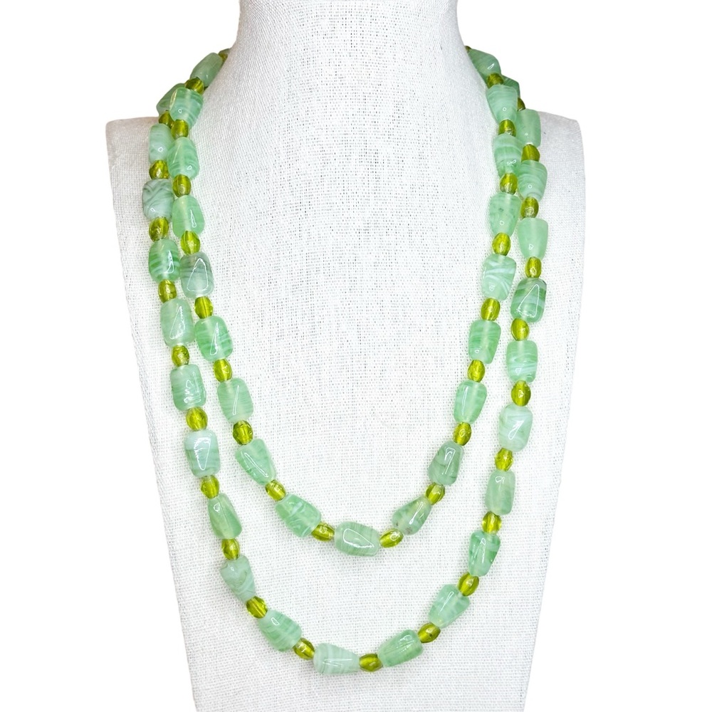 Vintage Genuine Stone & Green Art Glass Beaded Long Necklace